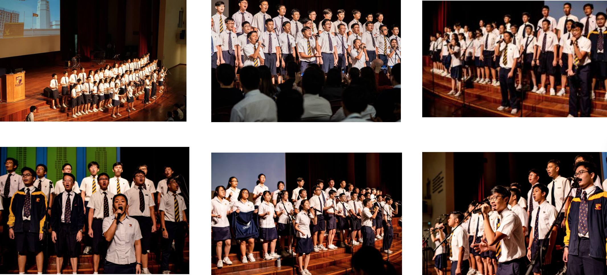 Six photos of uniformed school students performing in choir concerts on stage across various auditorium settings.